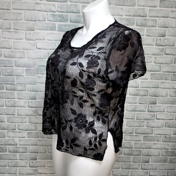 Vintage 80s 90s Sheer Burnout Floral Mesh Popover Short Sleeve‎ Top Grunge - Picture 4 of 6